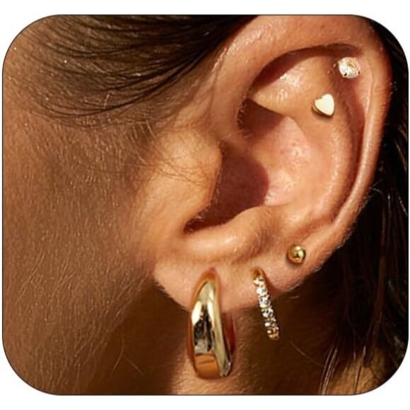 🆕 Women Gold Small Hoop Earrings Trendy Chunky Multiple Piercing Jewelry Gift - Picture 1 of 7